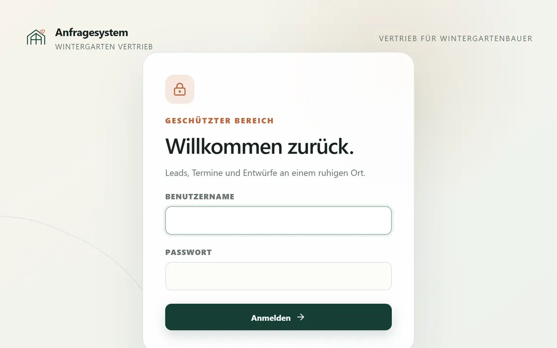 Anmeldeseite des Anfragesystems für Wintergarten-Vertrieb: Karte mit Schlosssymbol, Benutzername und Passwort.