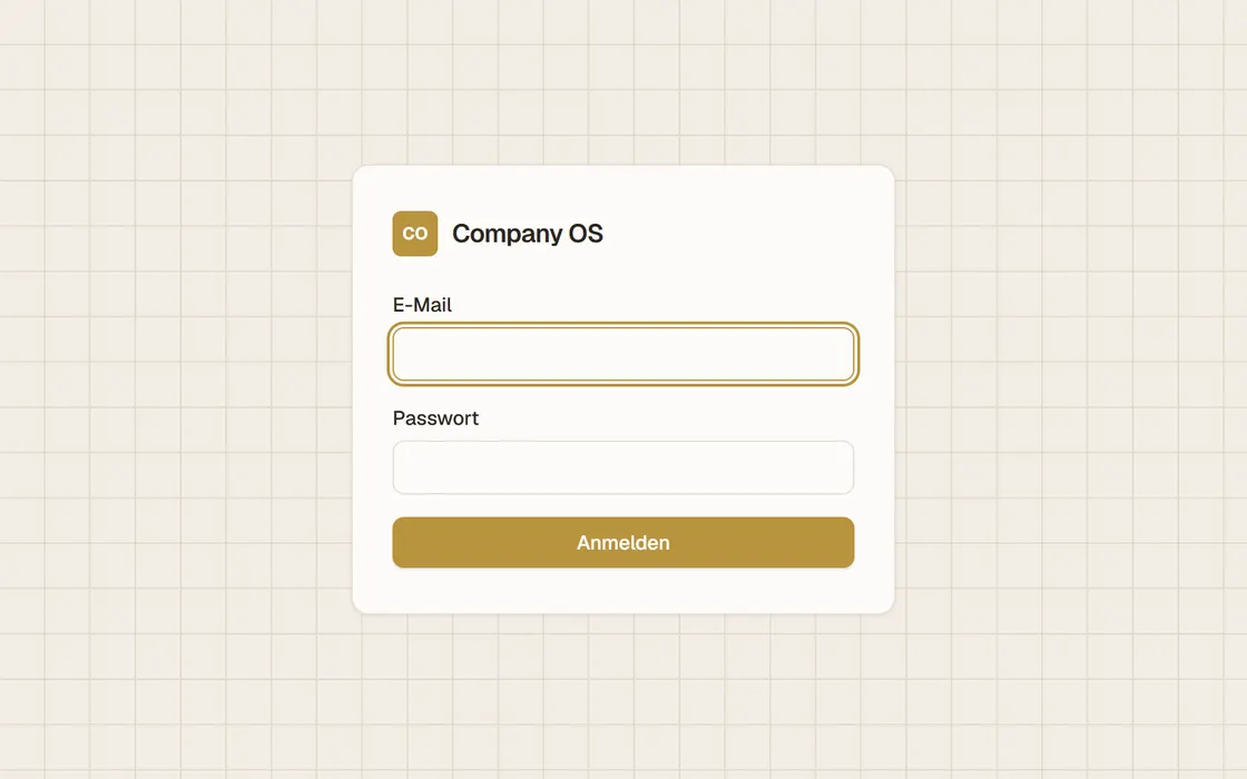 Anmeldeseite von Company OS: eine helle Karte mit den Feldern E-Mail und Passwort auf kariertem Grund.