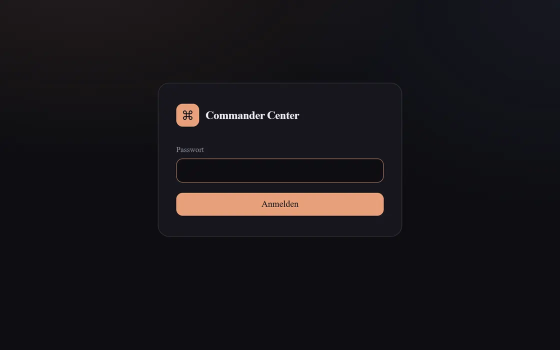 Anmeldeseite des Commander Center: dunkle Karte mit einem einzelnen Passwortfeld.