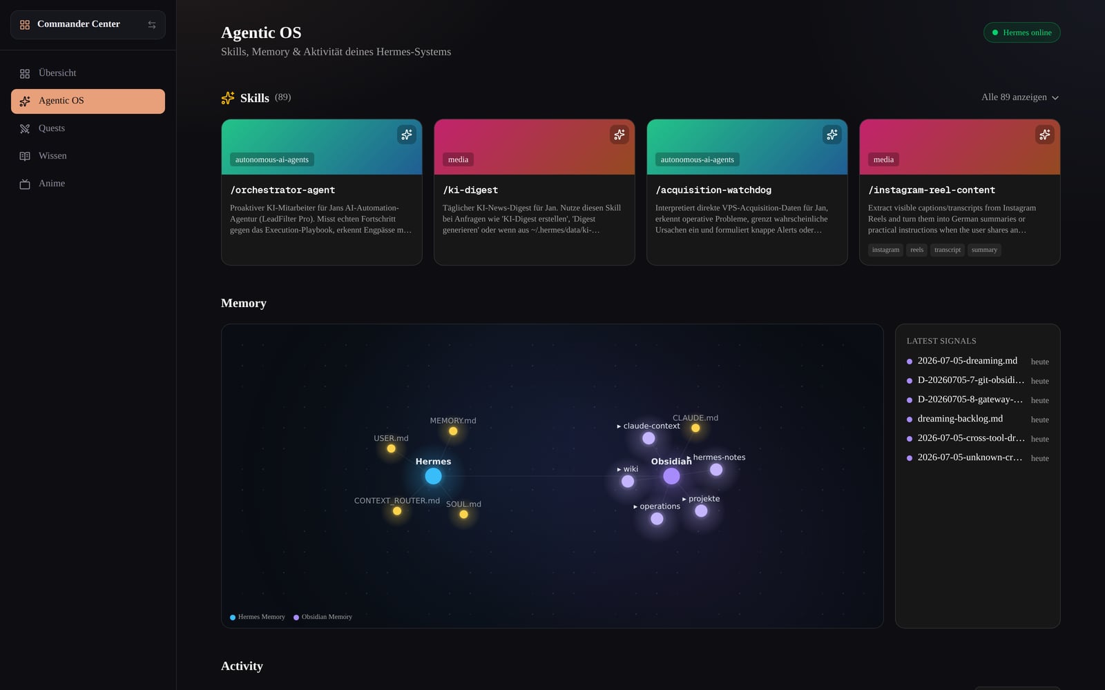 Agentic OS — Kontrollzentrum des Hermes-Systems mit Skills und Memory-Graph