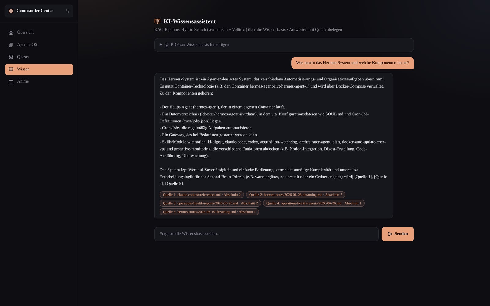 Wissens-Chat mit RAG-Antwort und fünf Quellenbelegen